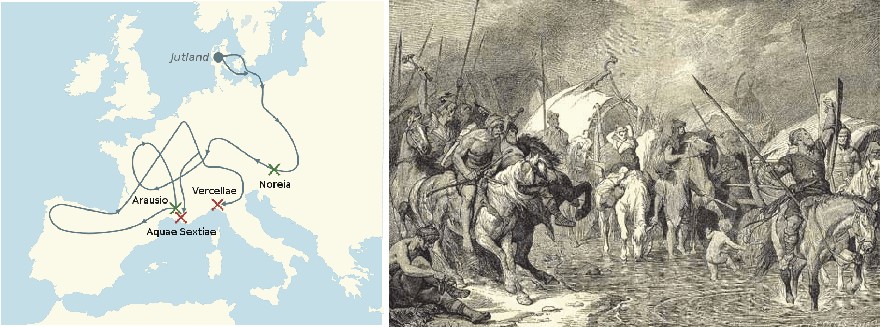 The migrations of the Cimbri and the Teutons between 113 and 101 BC (left diagram), with places of major battles with Roman forces indicated. Drawing showing Cimbrian people during their European journey (right).
