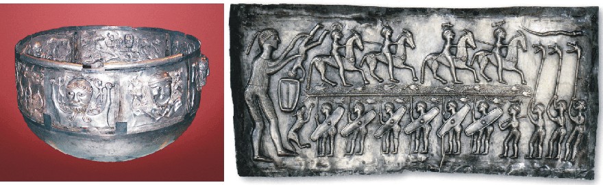 Gundestrup cauldron (left). Plate E from the Gundestrup Cauldron (right), apparently showing Roman warriors.
