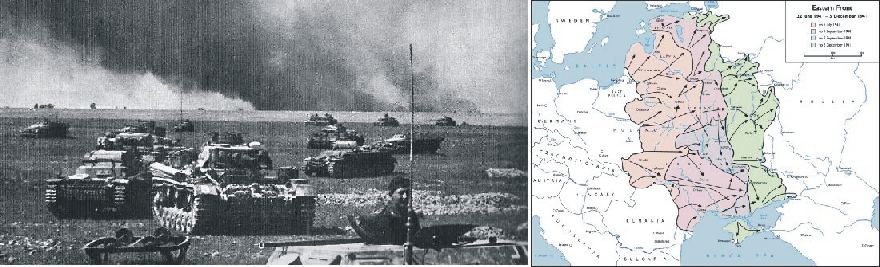 German Panzers in southern Russia July 1941 (left). Map showing the German 
